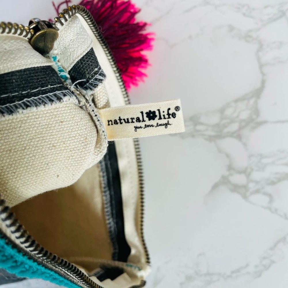 Natural Life Boho 'Be Happy' Pom Pom Floral Canvas Zipper Cosmetic Pouch Bag - Picture 4 of 6